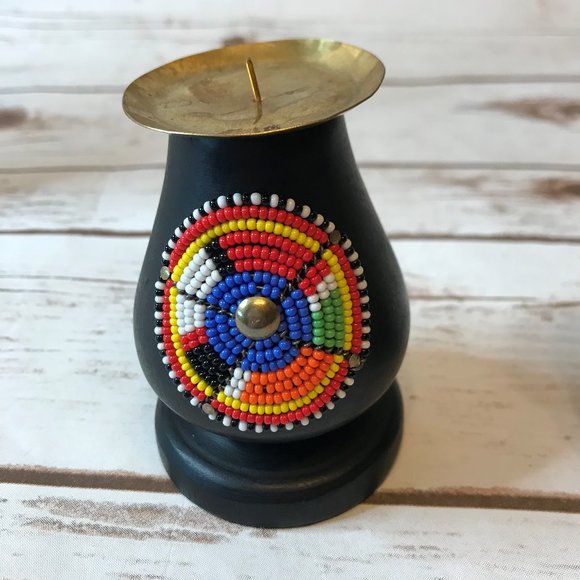 Handmade Beaded Wood Candle Holders - Picture 2 of 7